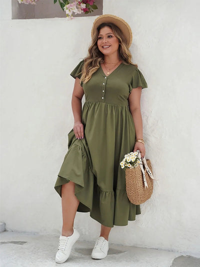 Plus Size Ruffled V-Neck Flutter Sleeve Midi Dress
