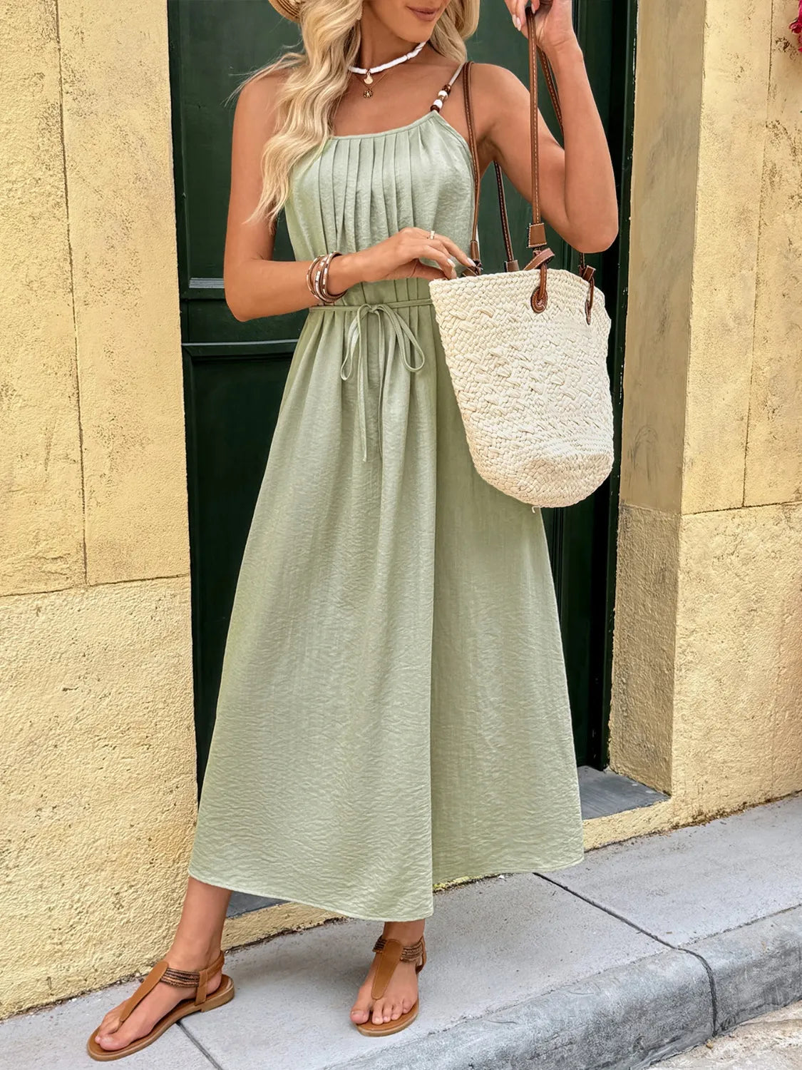Pleated Adjustable Strap Cami Dress