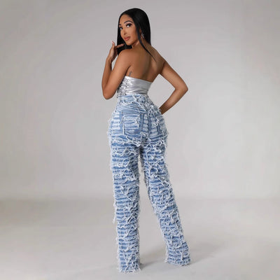 25 Edition – Women’s High Waist Ripped Tassel Denim Pants