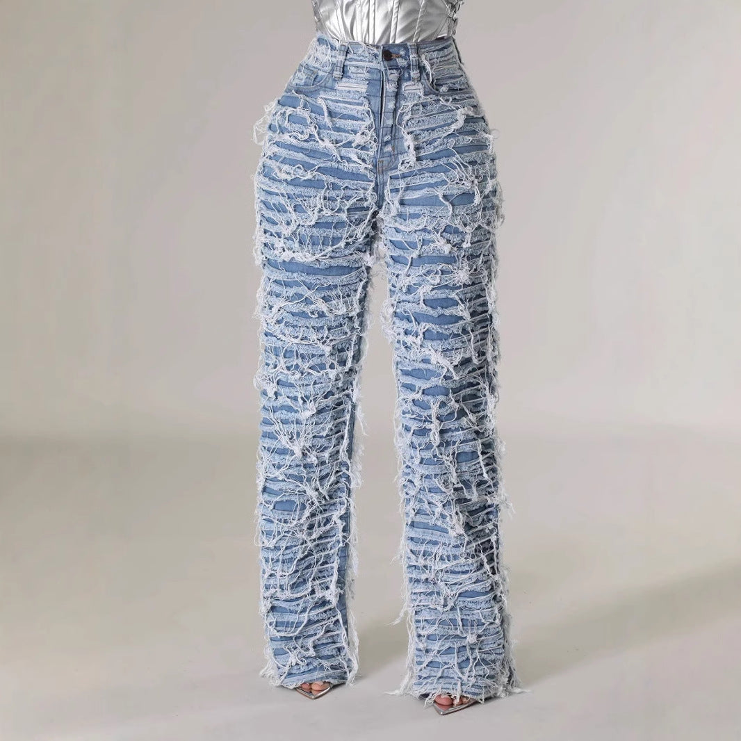 25 Edition – Women’s High Waist Ripped Tassel Denim Pants