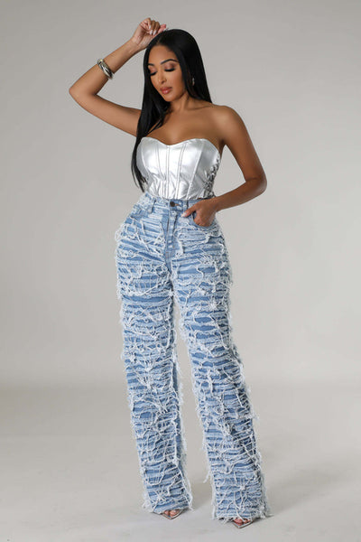 25 Edition – Women’s High Waist Ripped Tassel Denim Pants