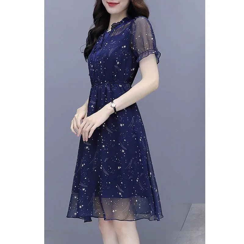 Elegant Ruffles Loose Folds Lace Up Bow Floral Dress Women's Clothing 2023 Summer New Short Sleeve Office Lady Mini Dress