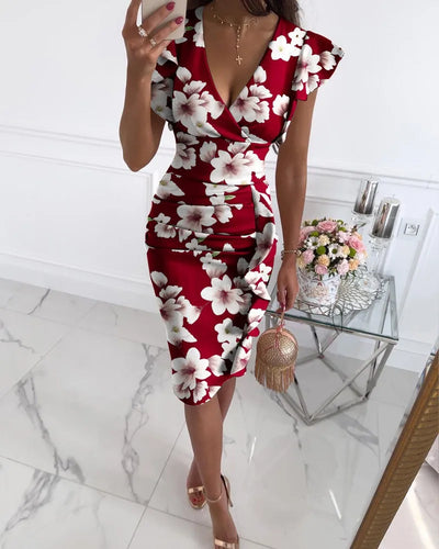 Ruffled Floral Print Women's Dress Clothing V-Neck Butterfly Sleeve Party Mid-Length Dress Long Robe Women