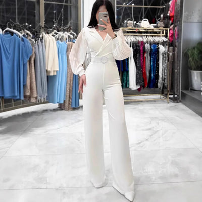 Fashion Party Jumpsuit Elegant Women's Formal Jumpsuit With Lantern Sleeves V Neck Wide Leg Chic Office Wear For Spring Summer