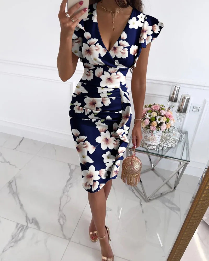 Ruffled Floral Print Women's Dress Clothing V-Neck Butterfly Sleeve Party Mid-Length Dress Long Robe Women