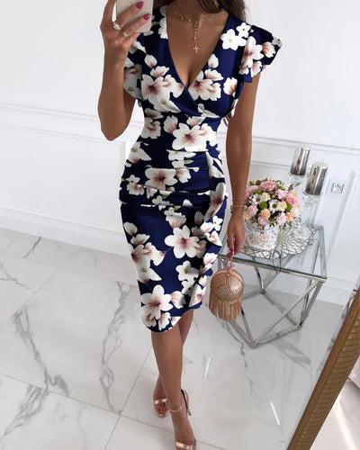 Ruffled Floral Print Women's Dress Clothing V-Neck Butterfly Sleeve Party Mid-Length Dress Long Robe Women