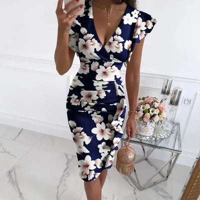 Ruffled Floral Print Women's Dress Clothing V-Neck Butterfly Sleeve Party Mid-Length Dress Long Robe Women