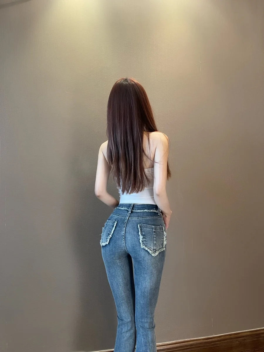 WOMENGAGA Tassel Flare Pants Jeans 2023 New Slim High Waist Elastic Horseshoe Pants Denim Trousers Fashion Women sexy K5BG