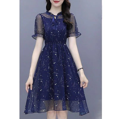 Elegant Ruffles Loose Folds Lace Up Bow Floral Dress Women's Clothing 2023 Summer New Short Sleeve Office Lady Mini Dress