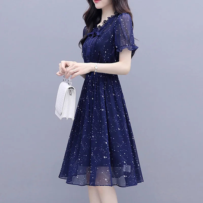 Elegant Ruffles Loose Folds Lace Up Bow Floral Dress Women's Clothing 2023 Summer New Short Sleeve Office Lady Mini Dress