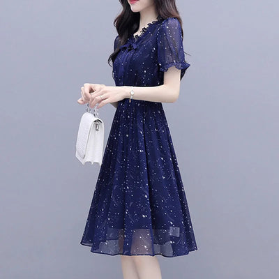 Elegant Ruffles Loose Folds Lace Up Bow Floral Dress Women's Clothing 2023 Summer New Short Sleeve Office Lady Mini Dress
