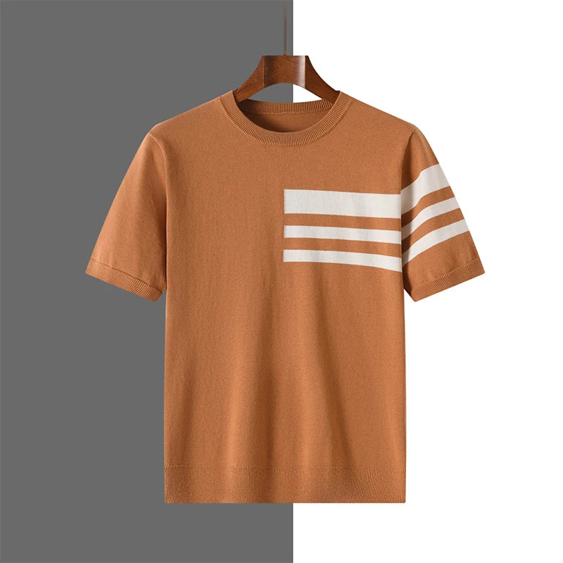 Men's T-Shirt Summer Round Neck Knitted Top Solid color Loose Leisure Tee Men Loose Breathable Shirt  Basic Clothing Half Sleeve