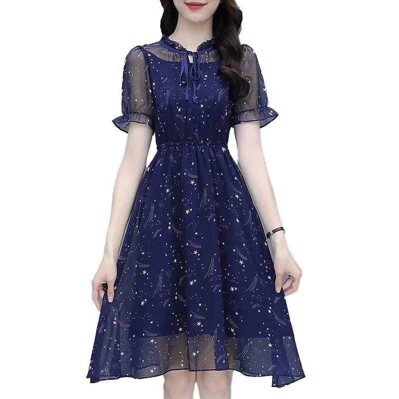 Elegant Ruffles Loose Folds Lace Up Bow Floral Dress Women's Clothing 2023 Summer New Short Sleeve Office Lady Mini Dress