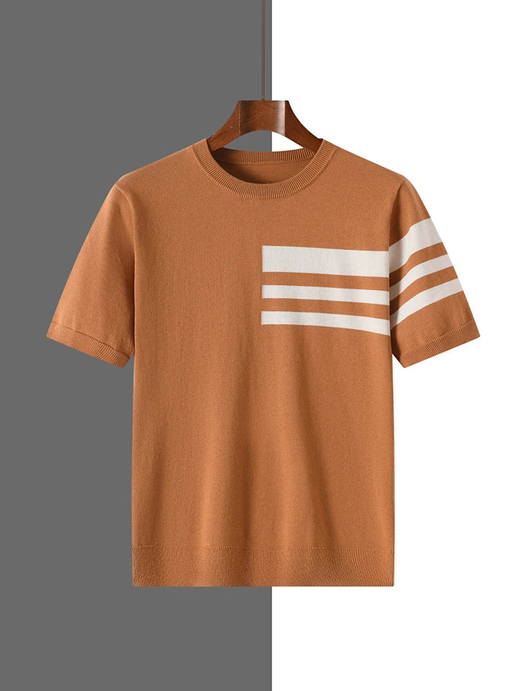 Men's T-Shirt Summer Round Neck Knitted Top Solid color Loose Leisure Tee Men Loose Breathable Shirt  Basic Clothing Half Sleeve