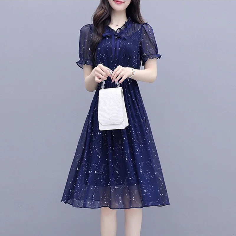 Elegant Ruffles Loose Folds Lace Up Bow Floral Dress Women's Clothing 2023 Summer New Short Sleeve Office Lady Mini Dress
