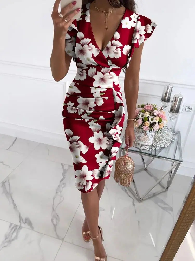 Ruffled Floral Print Women's Dress Clothing V-Neck Butterfly Sleeve Party Mid-Length Dress Long Robe Women