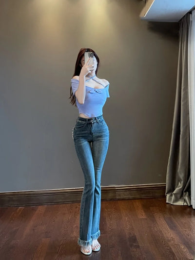 WOMENGAGA Tassel Flare Pants Jeans 2023 New Slim High Waist Elastic Horseshoe Pants Denim Trousers Fashion Women sexy K5BG