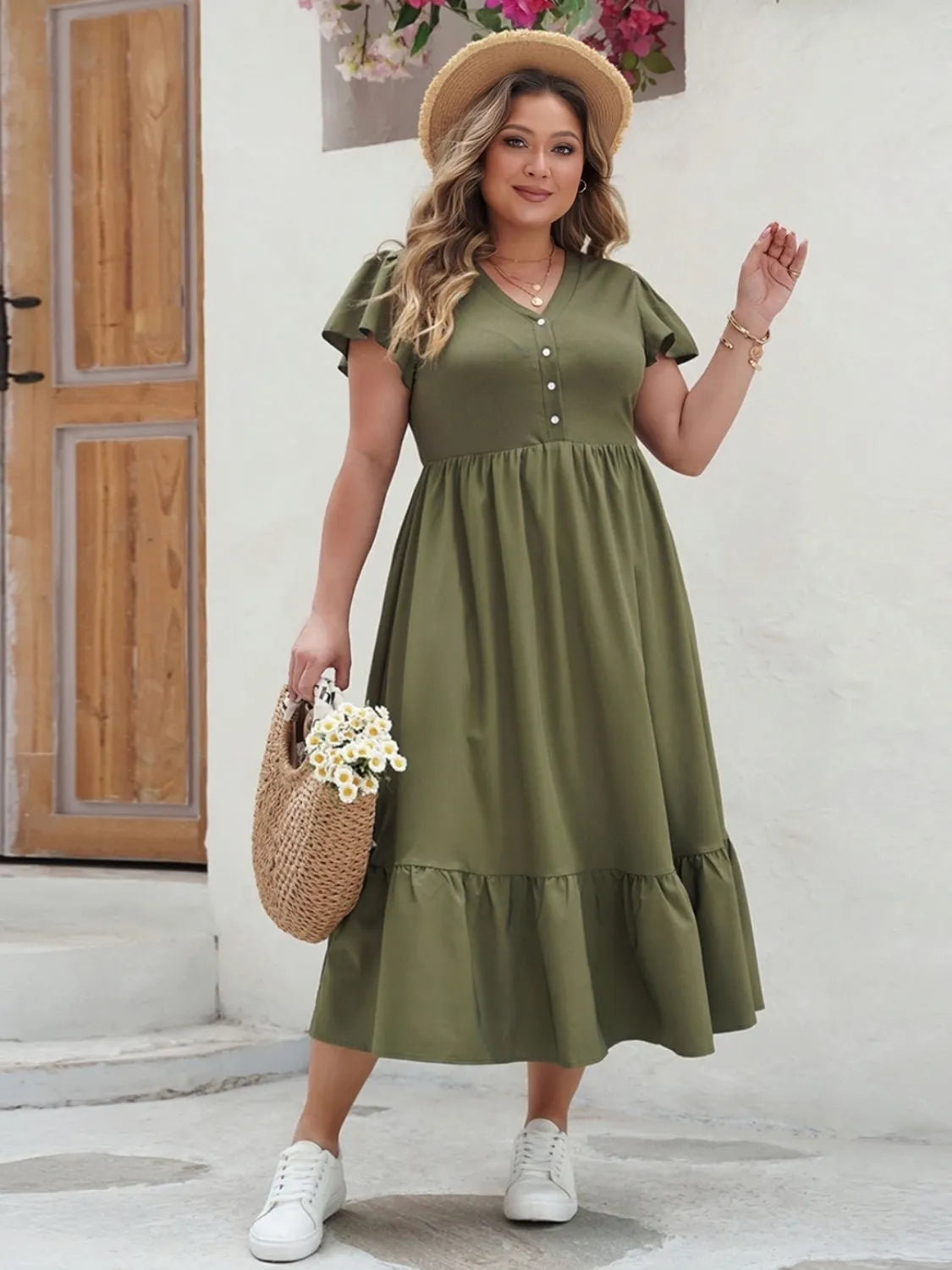 Plus Size Ruffled V-Neck Flutter Sleeve Midi Dress