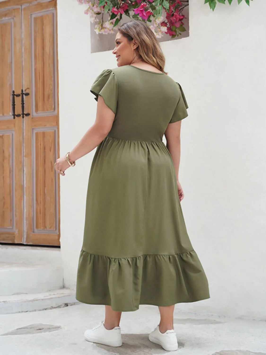 Plus Size Ruffled V-Neck Flutter Sleeve Midi Dress