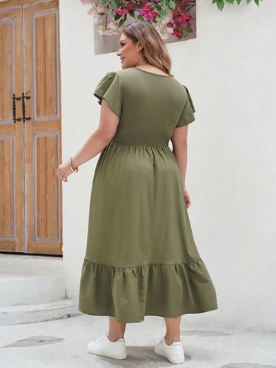 Plus Size Ruffled V-Neck Flutter Sleeve Midi Dress